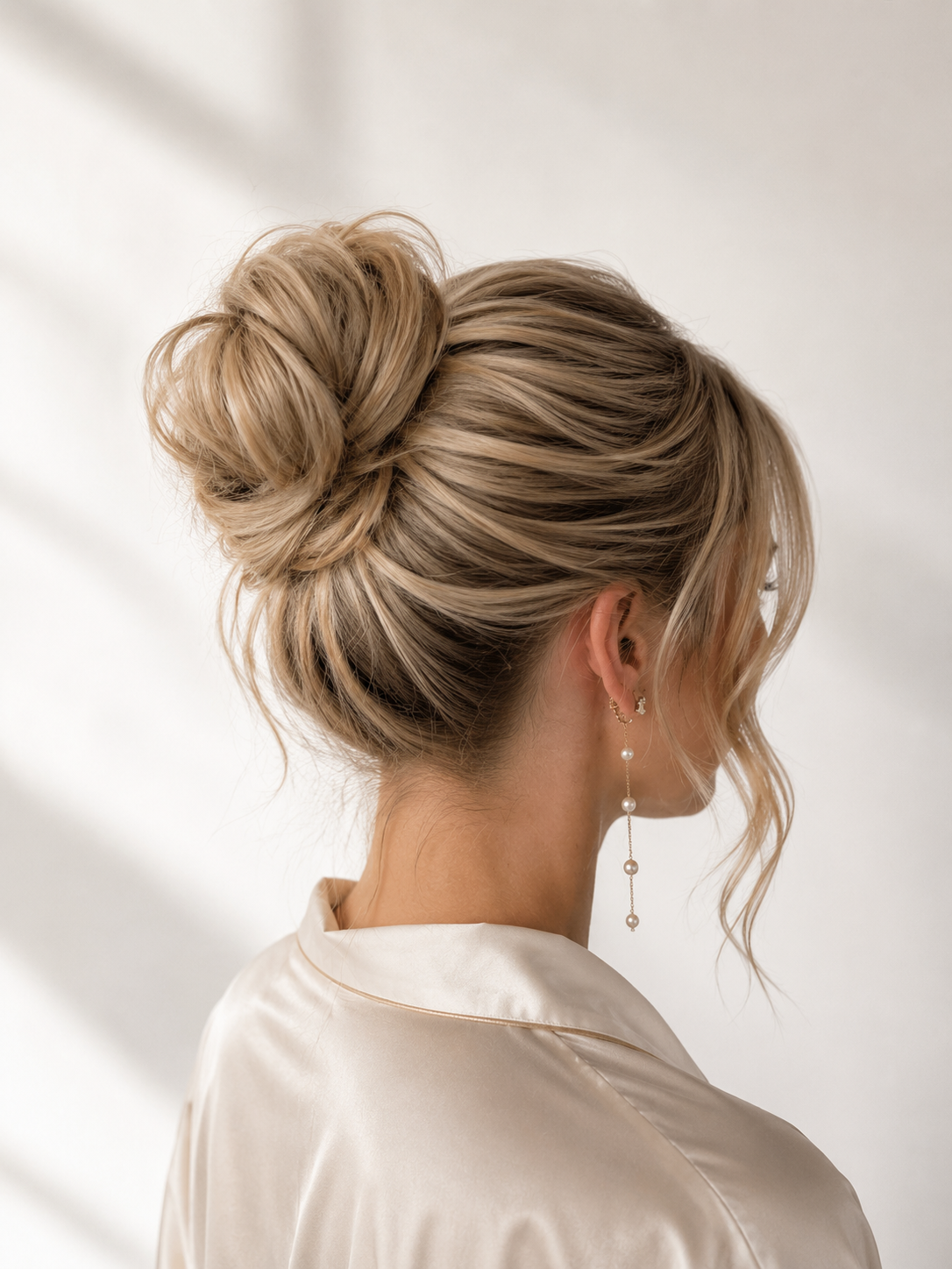 Bridal hair detail sleek bun with delicate pearl earring.