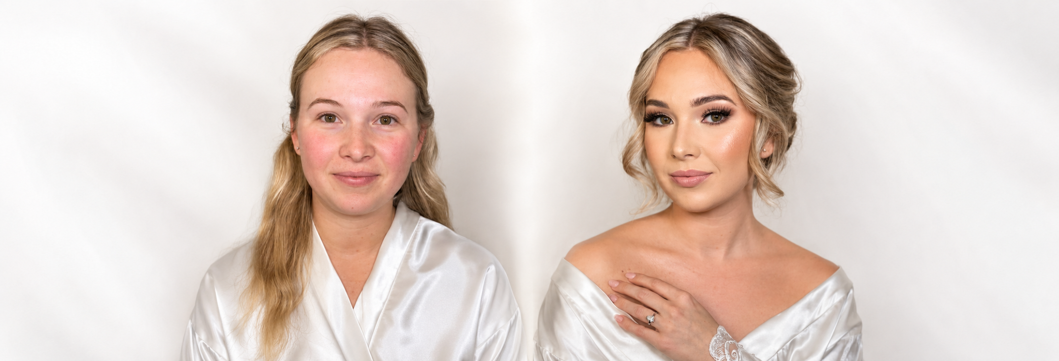 Before-and-after editorial bridal makeup transformation by Victoria Beauty.
