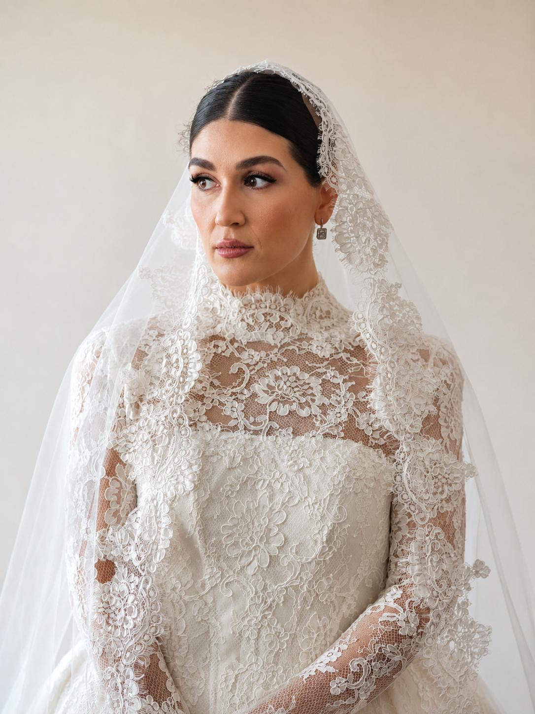 Bride portrait with high-neck lace dress and lace-trimmed veil — Victoria Beauty bridal editorial.