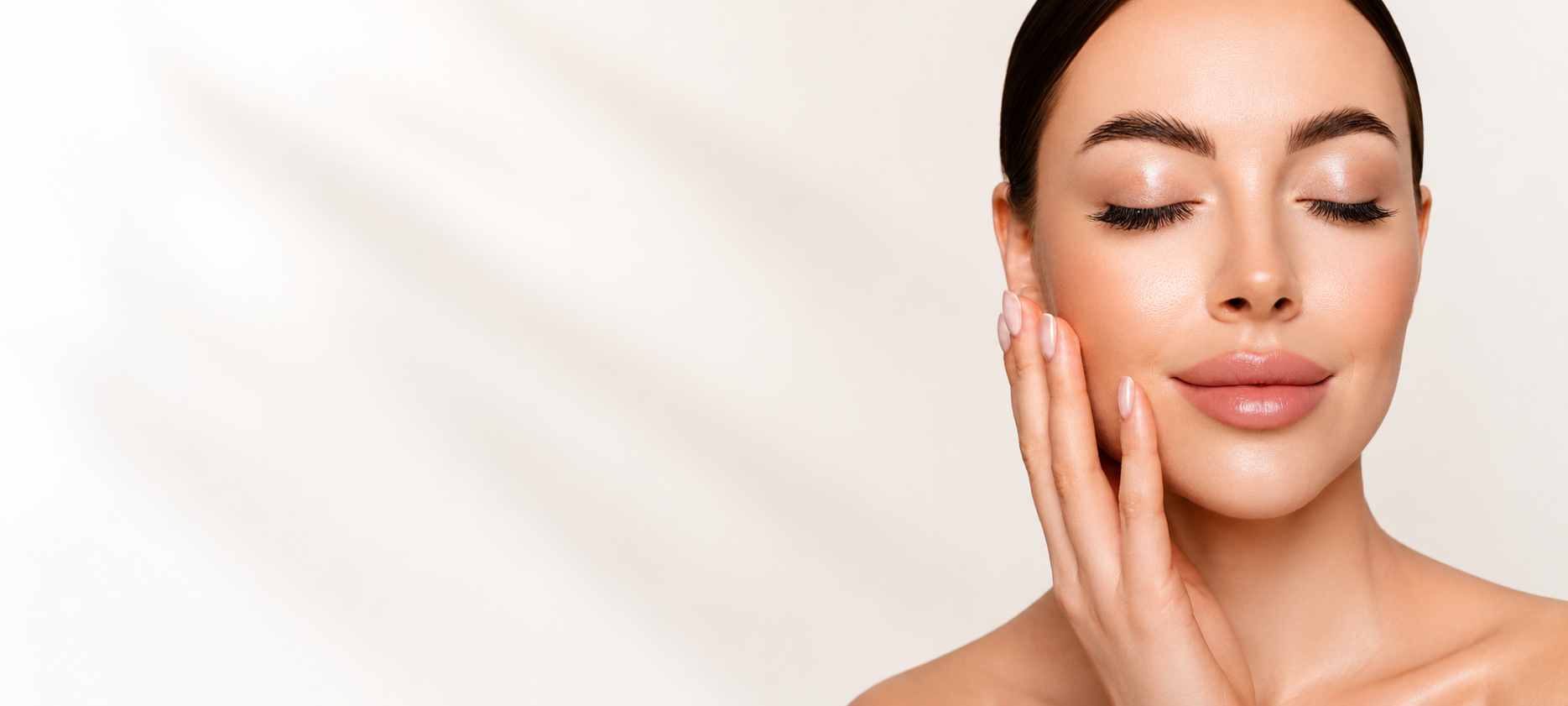Luminous skincare portrait — radiant skin with hand resting on cheek, eyes closed in serene atelier light.