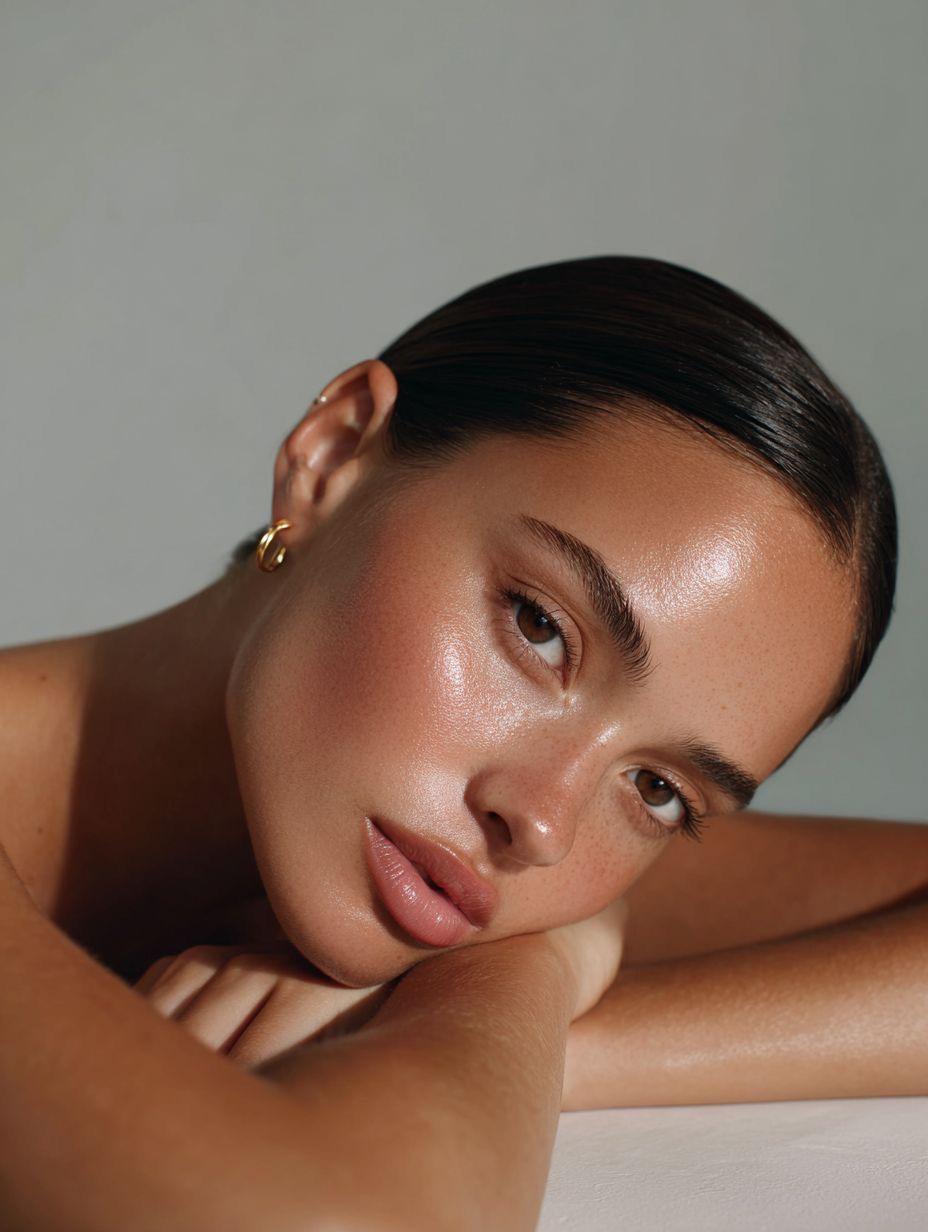 Radiant skin portrait — luminous, glowing complexion with soft natural makeup.