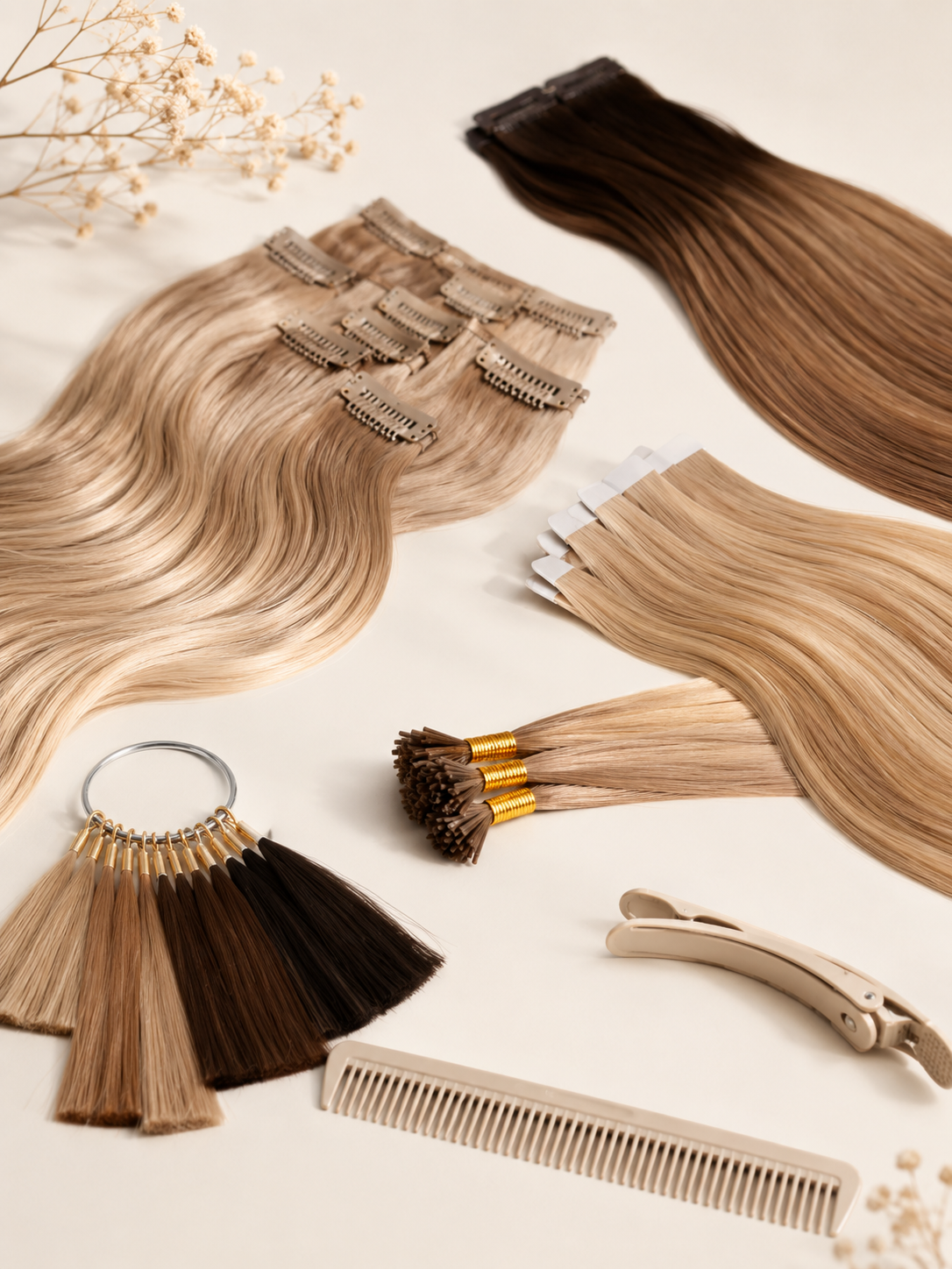 Luxury hair extensions in champagne tones with clips, comb, and colour samples Victoria Beauty boutique.