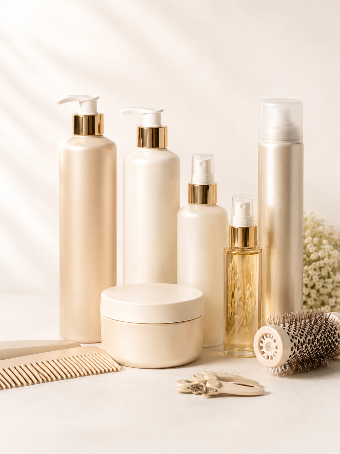 Champagne hair-care collection shampoo, conditioner, mist, brush, comb Victoria Beauty boutique.