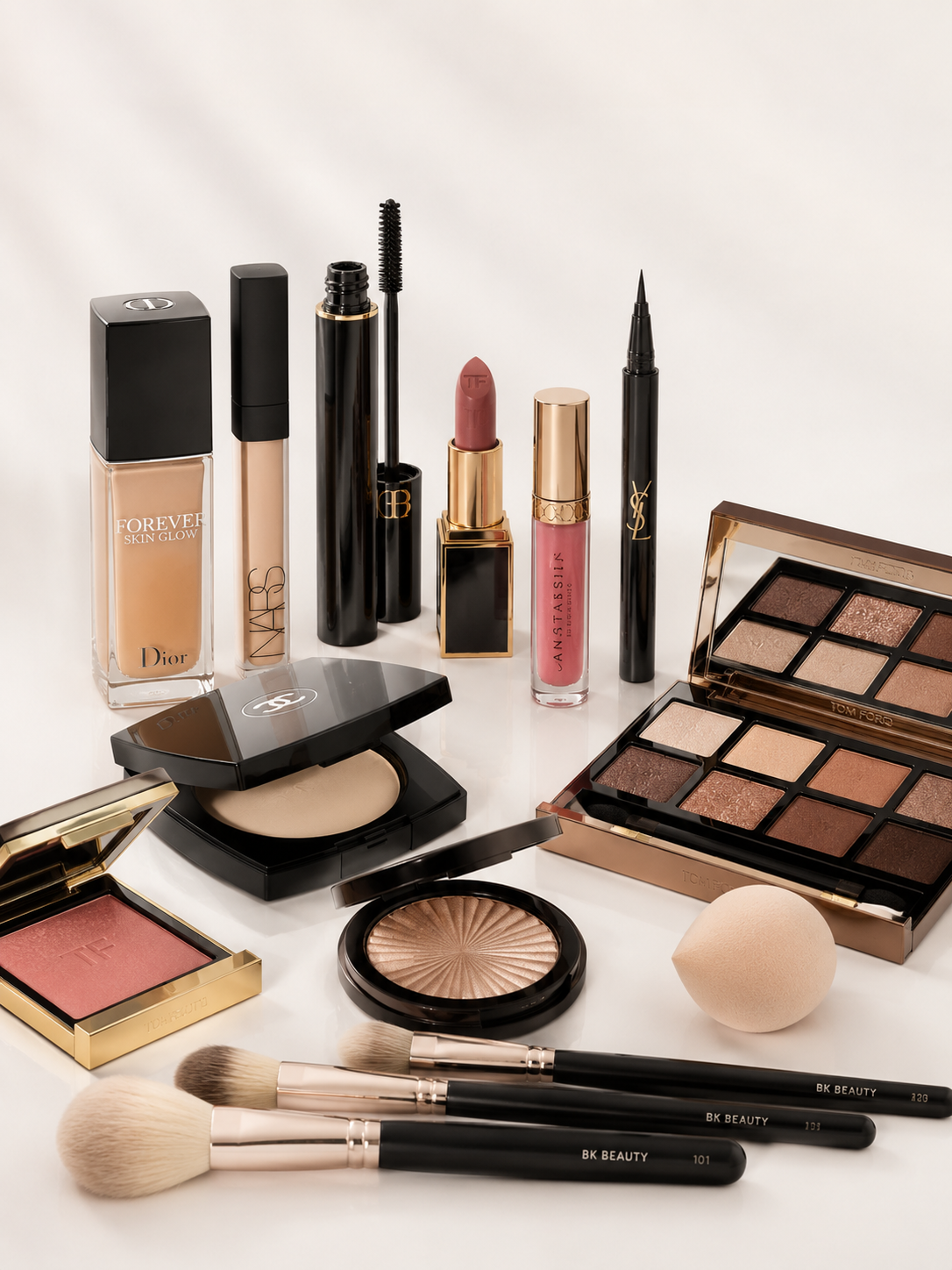 Curated luxury makeup products foundation, lipstick, palettes, brushes Victoria Beauty boutique.