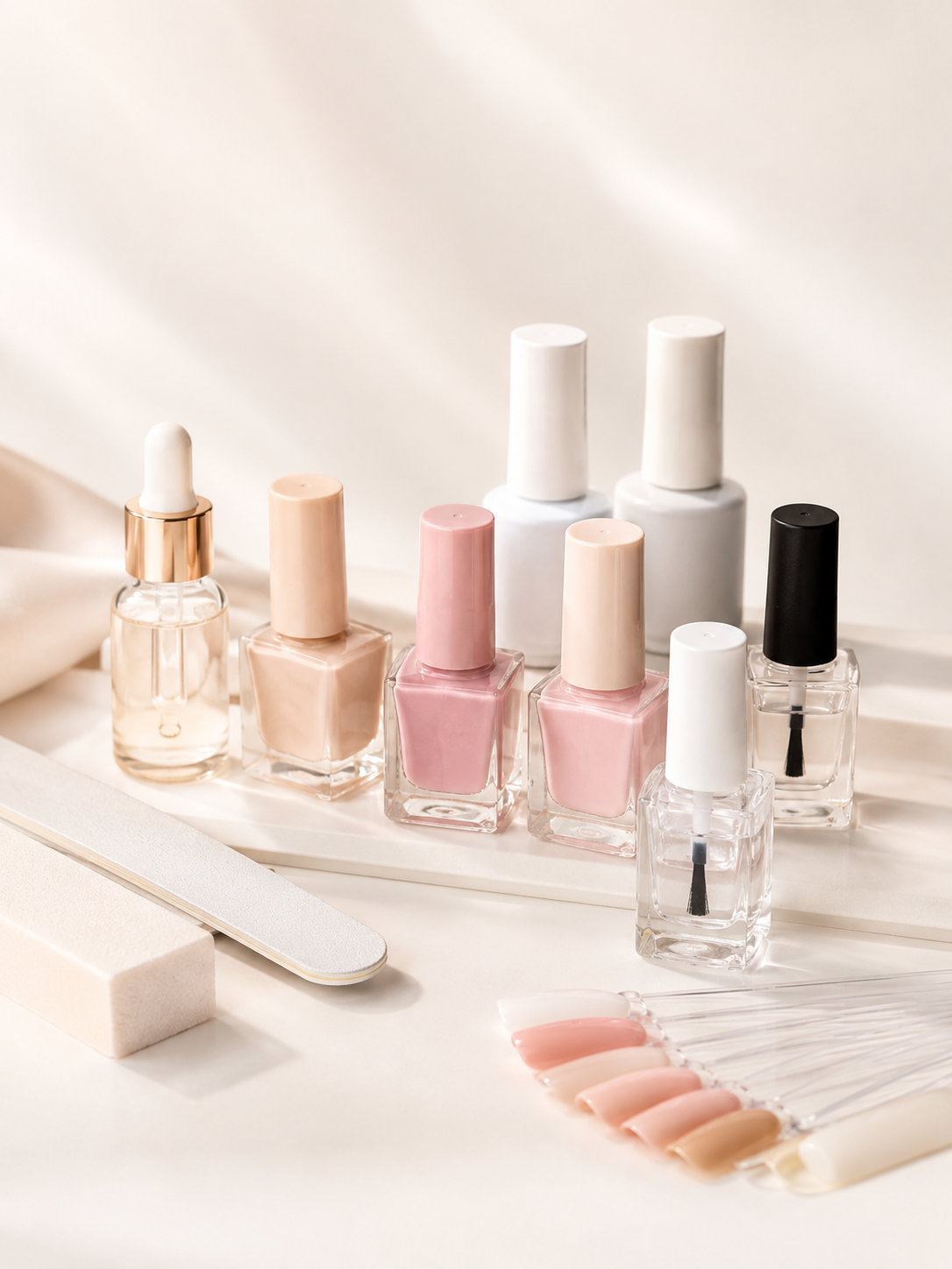 Curated nude and pink nail lacquers with file and tip samples Victoria Beauty boutique.