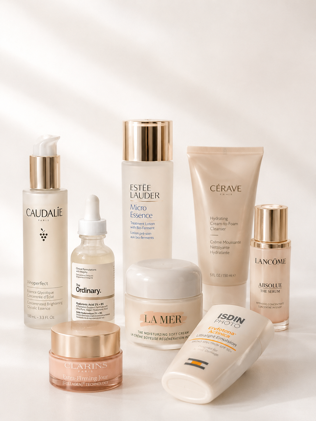 Curated luxury skincare collection essences, serums, creams, and SPF Victoria Beauty boutique.